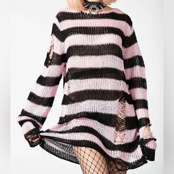 Killstar Sweaters - Killstar Size Large Bad Blossoms Knit Sweater Pink And Black Distressed Gothic